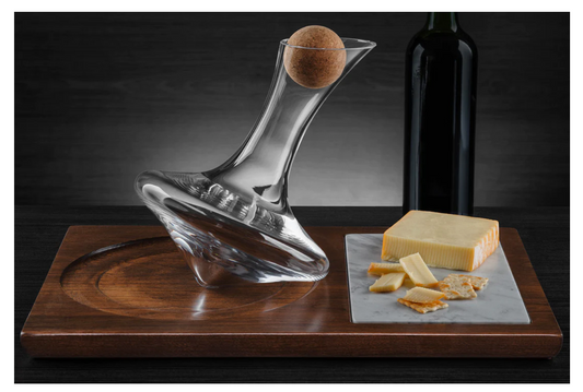 JR Charcuterie JR Wine Decanter on Walnut Finished Stand with Marble Charcuterie Board