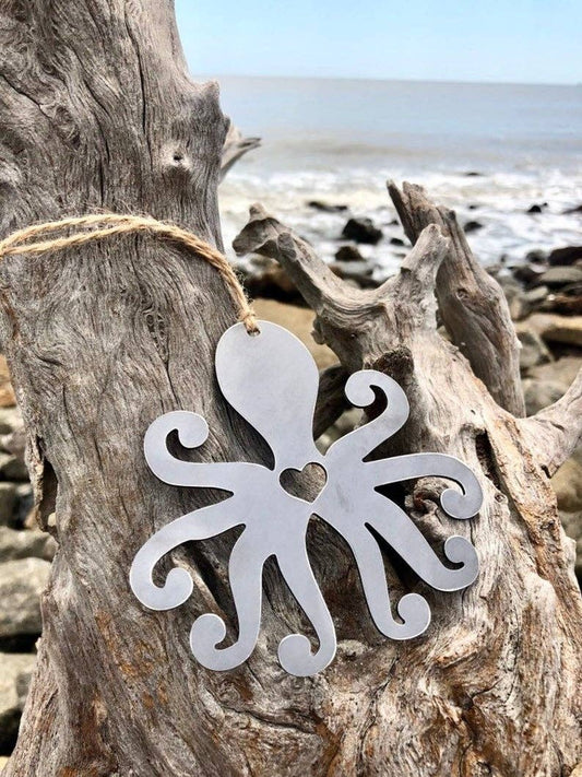 Octopus Ornament with Heart made from Recycled Raw Steel