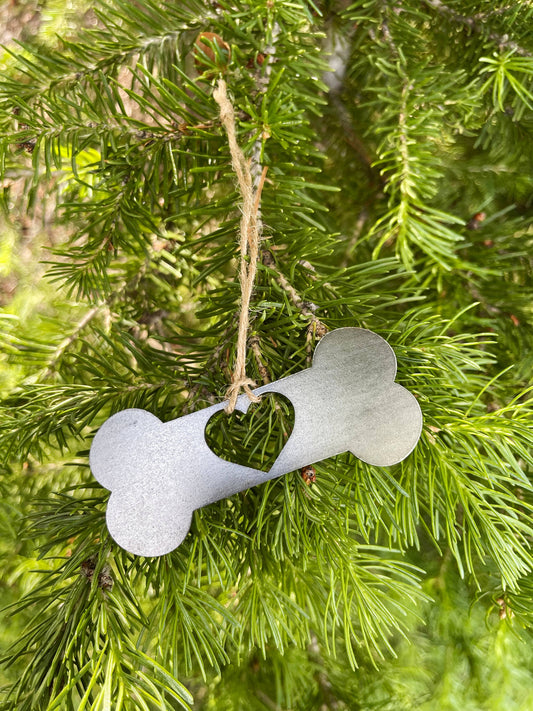 Dog Bone Raw Steel Metal Ornament with Heart Pet Gift