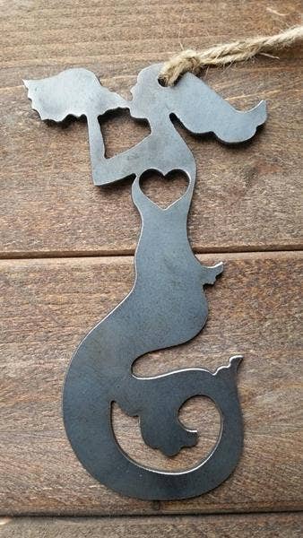 Mermaid Rustic Steel Ornament with Heart made from Raw Steel