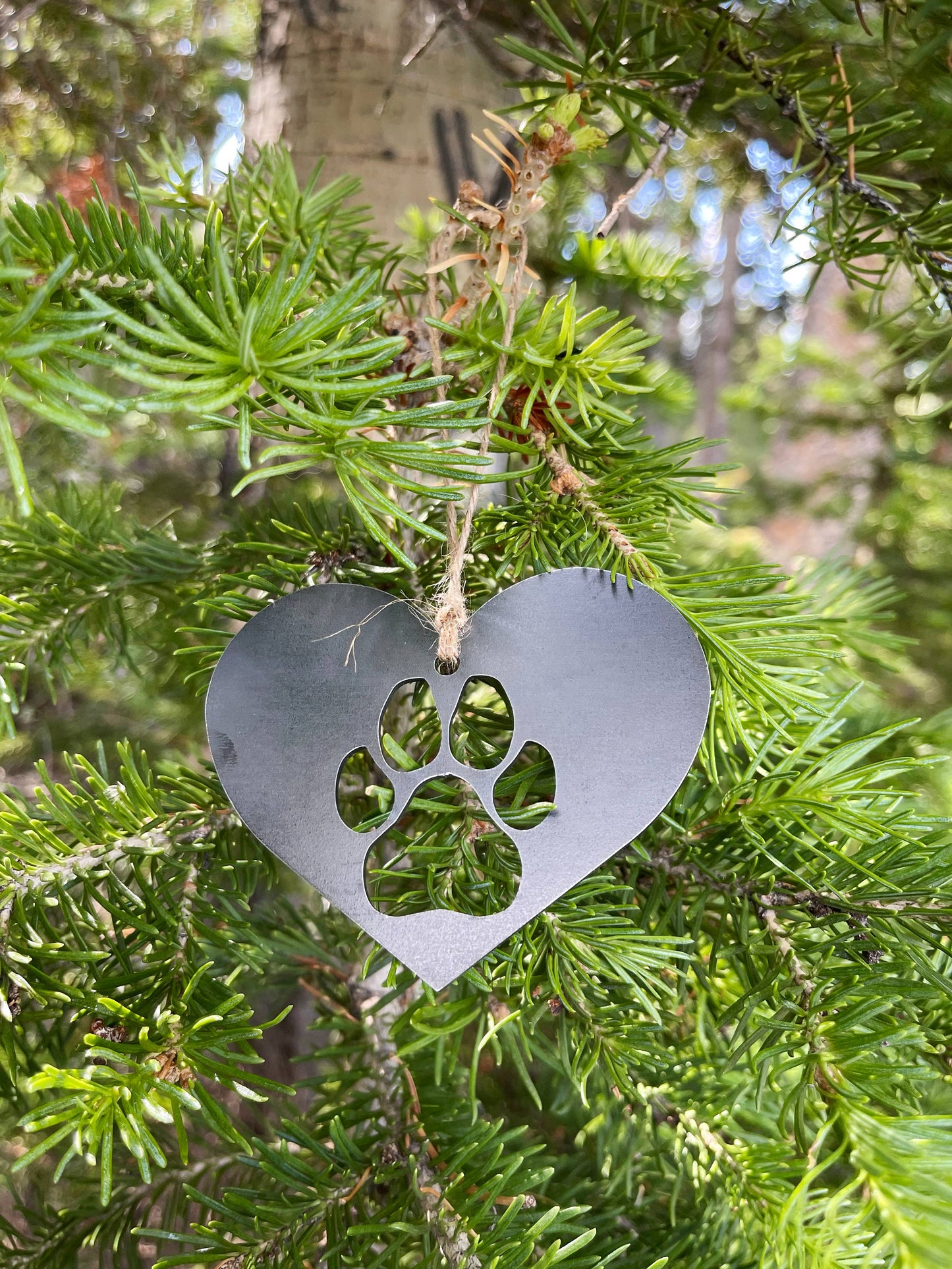 Dog Paw Heart Raw Steel Metal Ornament