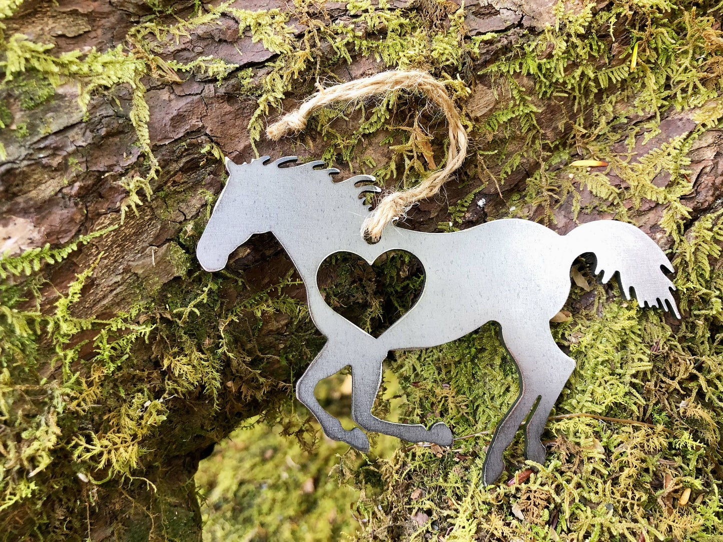 Horse Running Rustic Steel Ornament with Heart