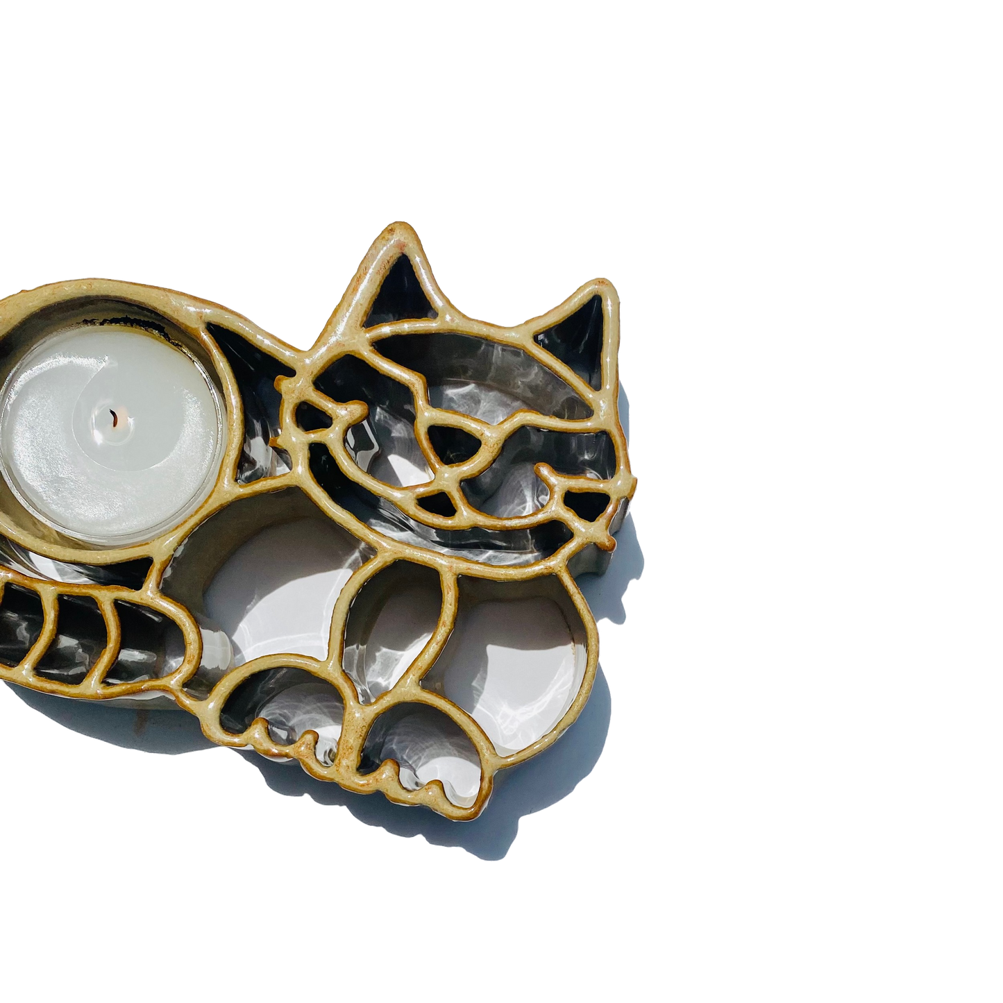 Cat Amber Tealight Holder - Stoneware Pottery