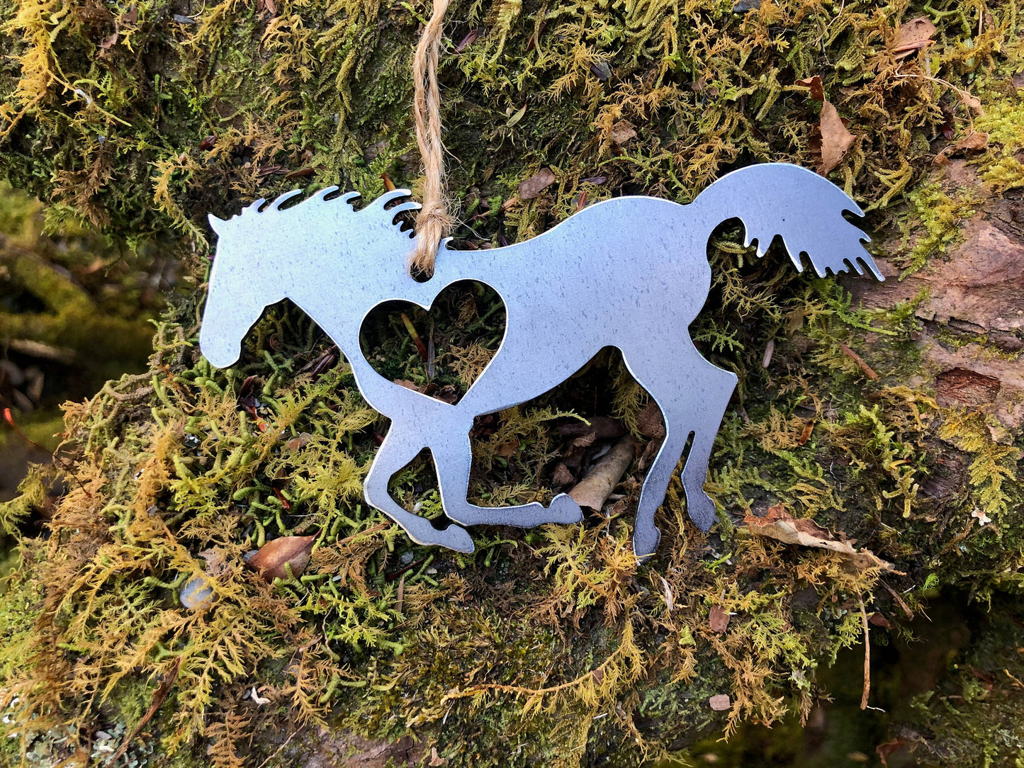 Horse Running Rustic Steel Ornament with Heart