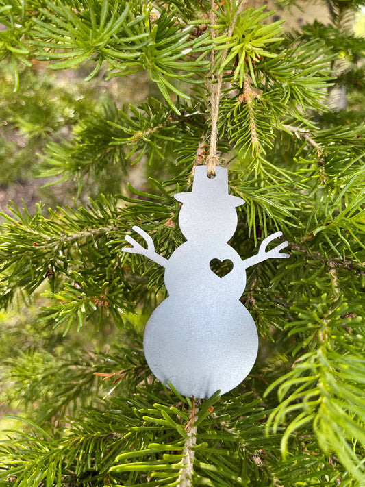 Snowman Christmas Ornament with heart made from Raw Steel