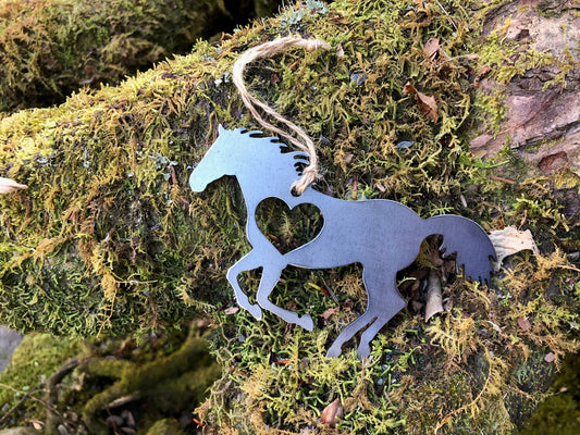 Horse Running Rustic Steel Ornament with Heart