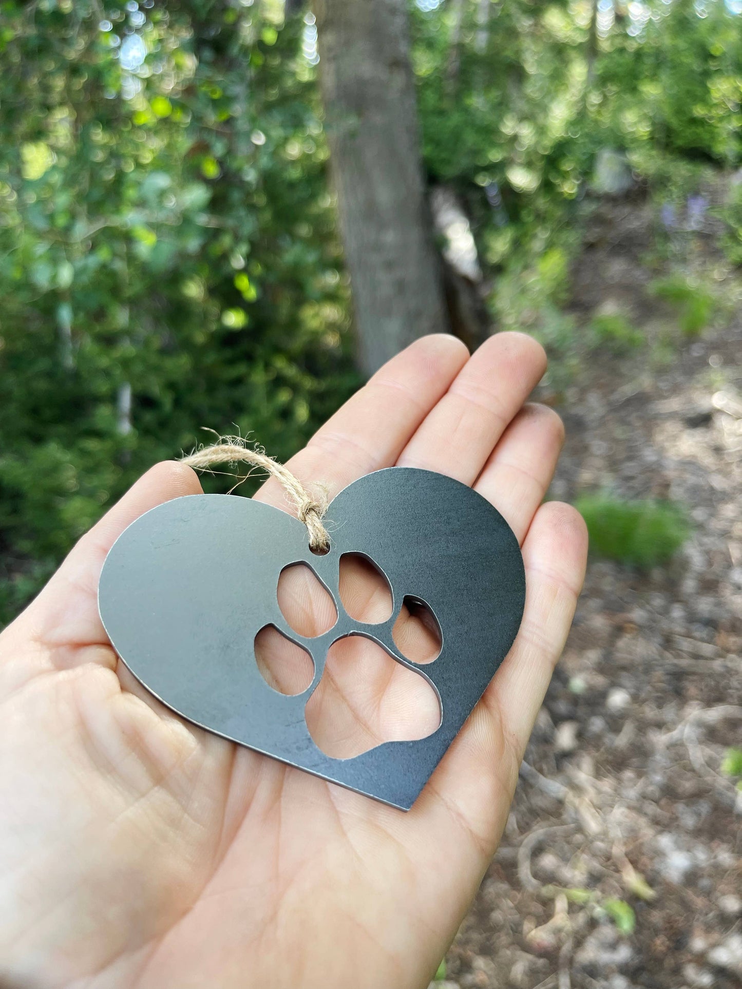 Dog Paw Heart Raw Steel Metal Ornament