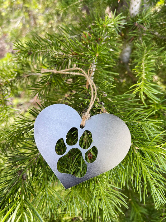 Dog Paw Heart Raw Steel Metal Ornament